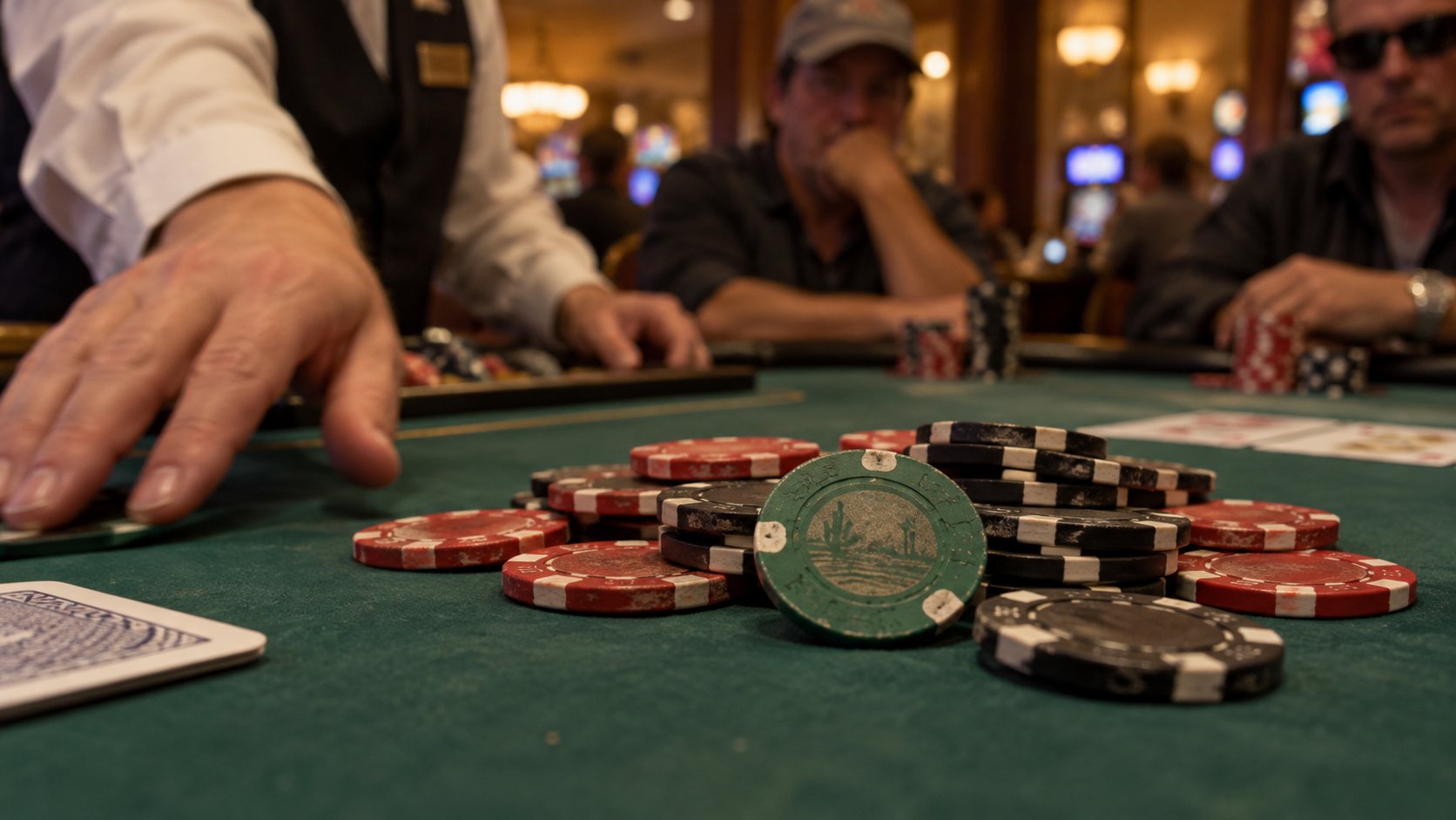 A mysterious worn green poker chip sits among the winnings on a casino poker table, surrounded by red and black chips.