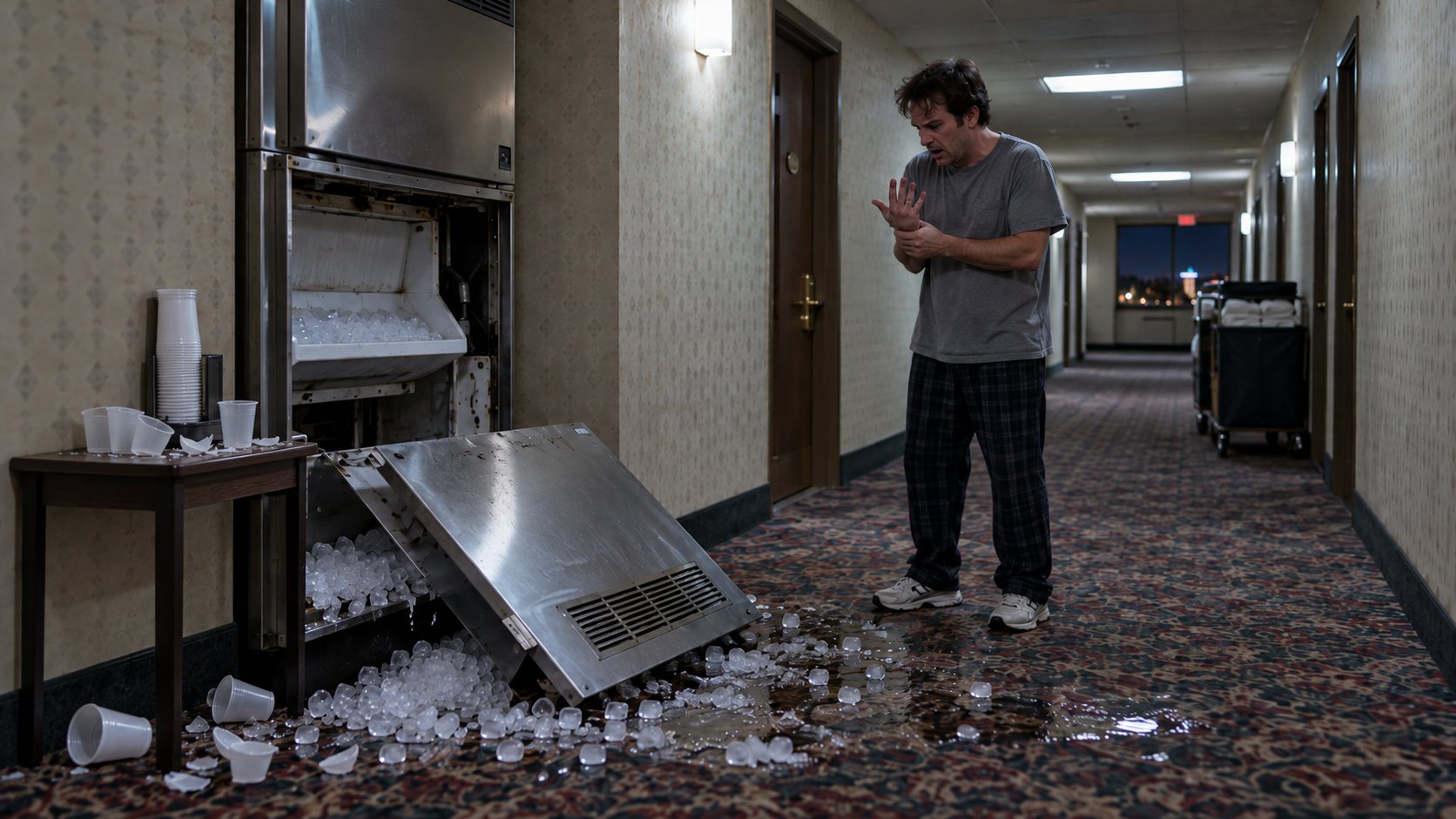 A hotel guest examines his injured fingers after an ice machine breaks apart, scattering ice and cups across the corridor floor.