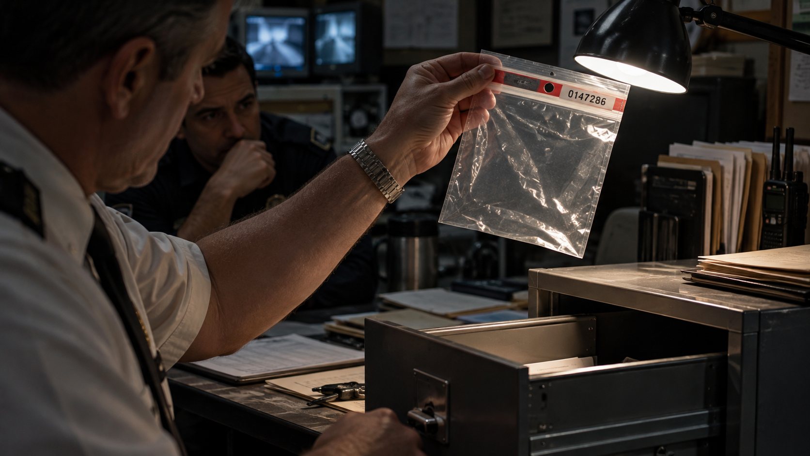 A casino security supervisor examines an empty sealed evidence bag under a desk lamp after a mysterious poker chip disappears.