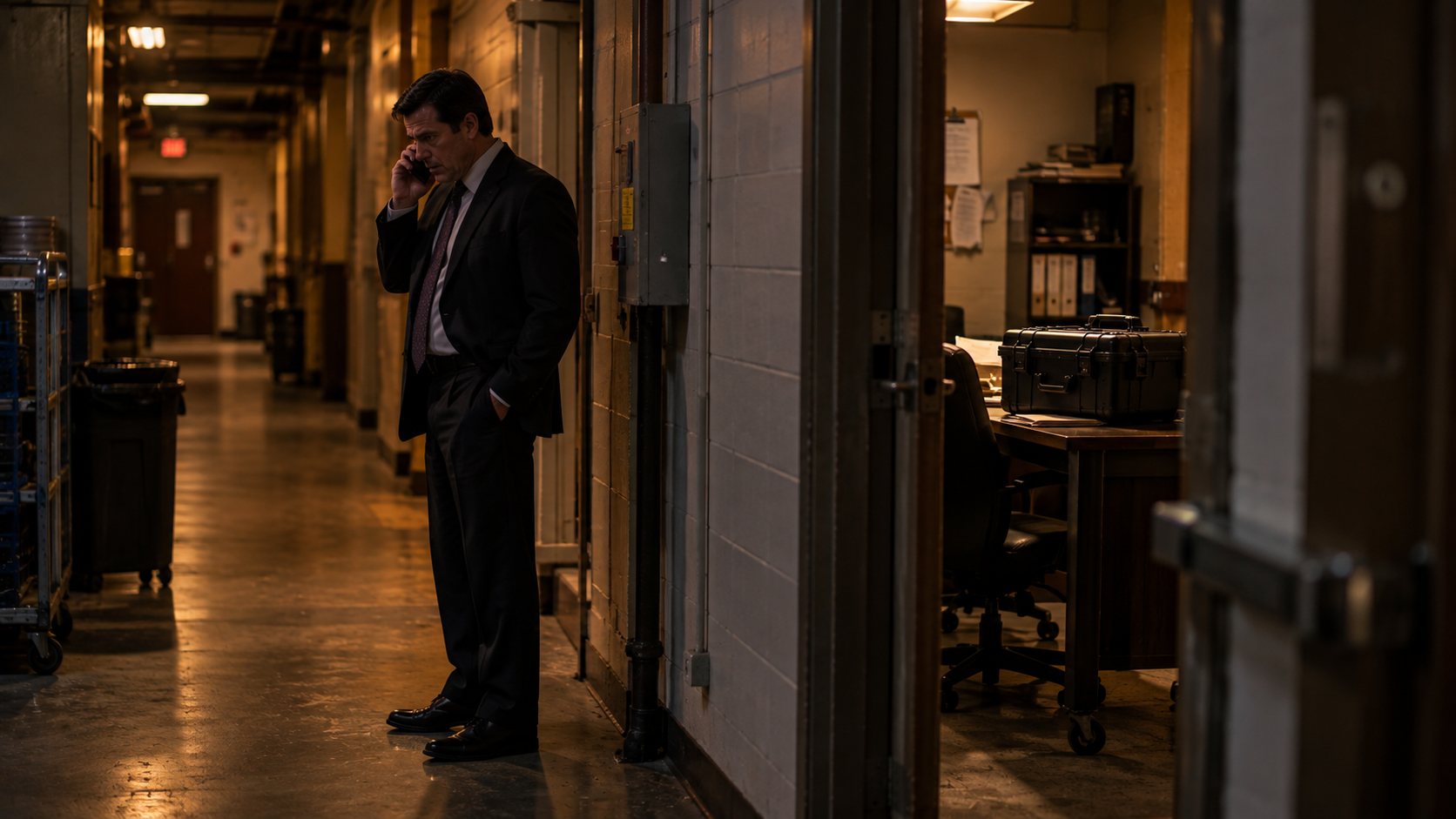 A government investigator makes a discreet phone call in a dim casino corridor, with a mysterious black containment case nearby