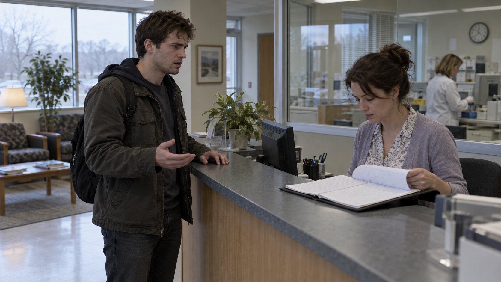 A confused casino surveillance technician questions a laboratory receptionist after discovering that nobody remembers his previous visit.