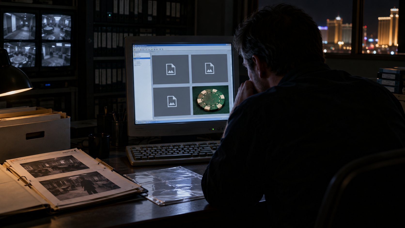 A casino surveillance technician investigates three missing photographs on an old computer, with only an image of the mysterious green poker chip remaining.