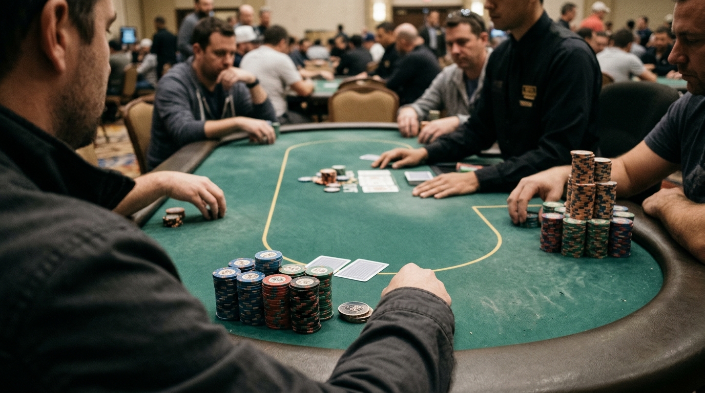 Tournament poker player with a medium-sized chip stack facing opponents with different stack sizes at a crowded poker table.