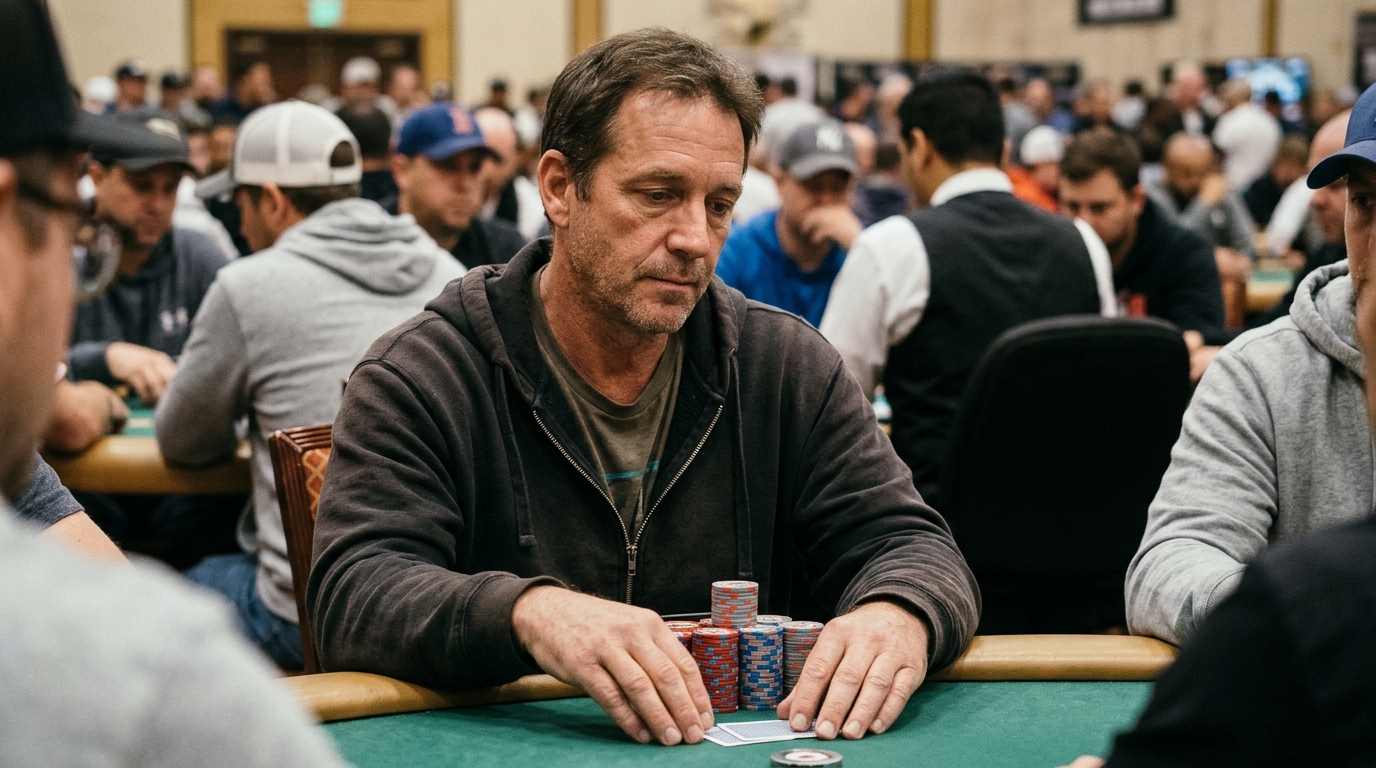 Thoughtful poker player keeping his hands close to his chip stack, illustrating the fear of risking chips during a tournament.