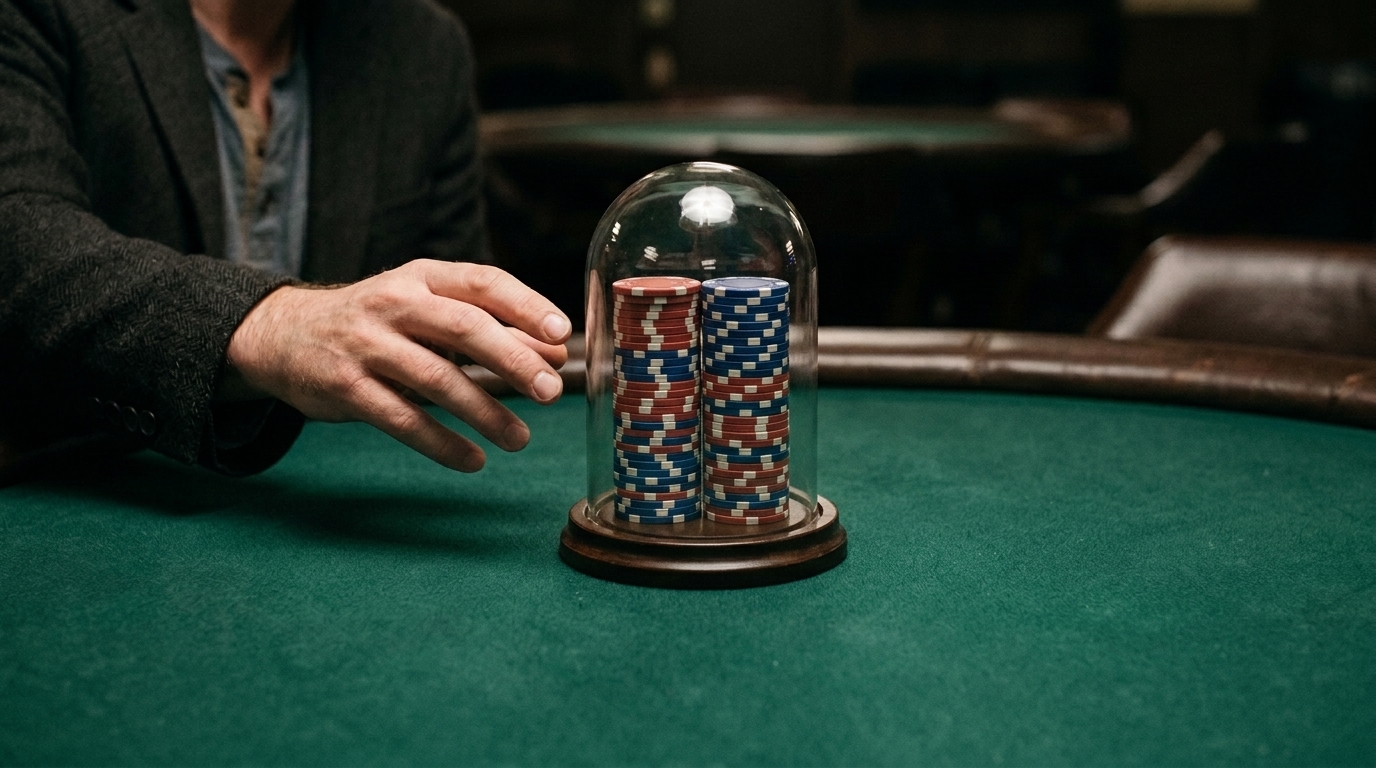 Poker chips protected beneath a glass display dome, symbolizing a player's reluctance to risk a comfortable tournament stack.