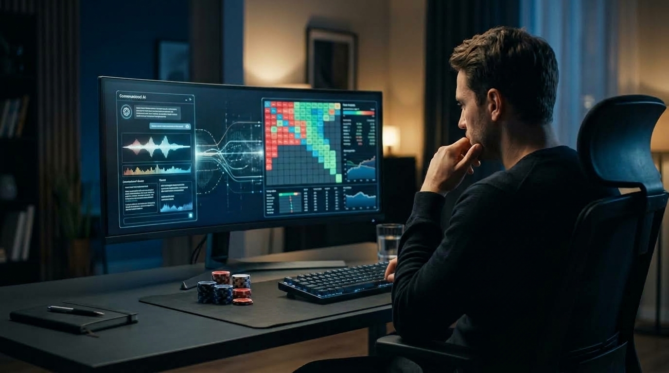 Poker player using AI poker training tools and range analysis on a computer after a session.