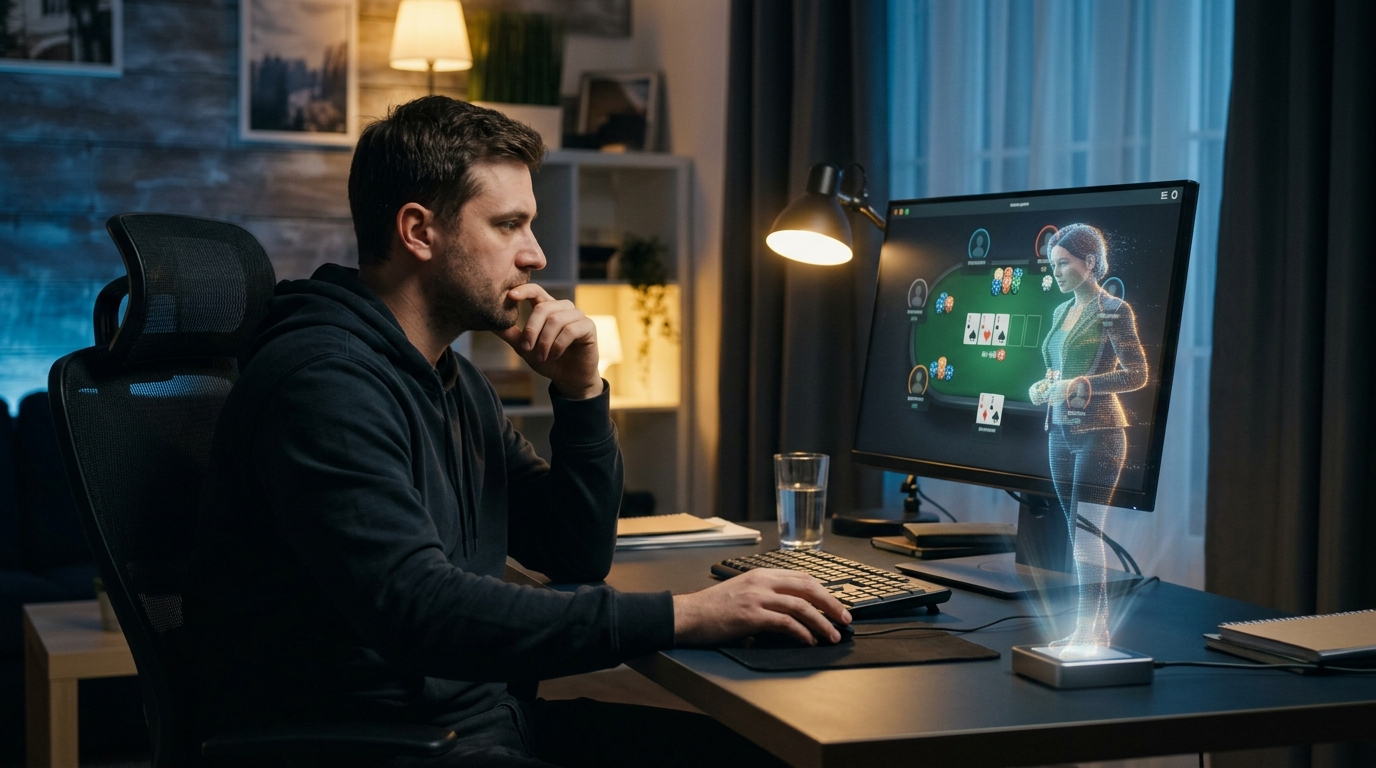 Online poker player receiving guidance from a holographic AI assistant while studying the game.