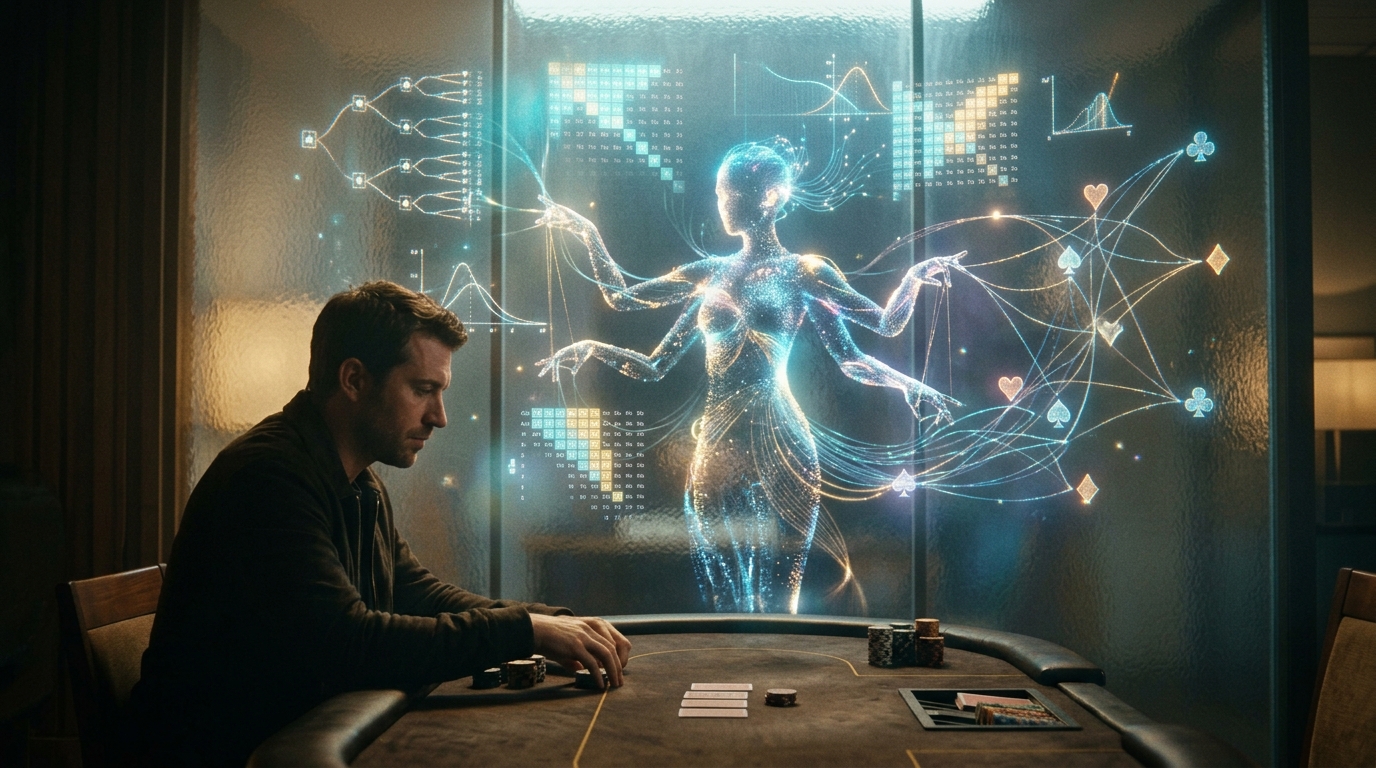 Poker player learning strategy from an artificial intelligence system displaying ranges, odds and decision paths.
