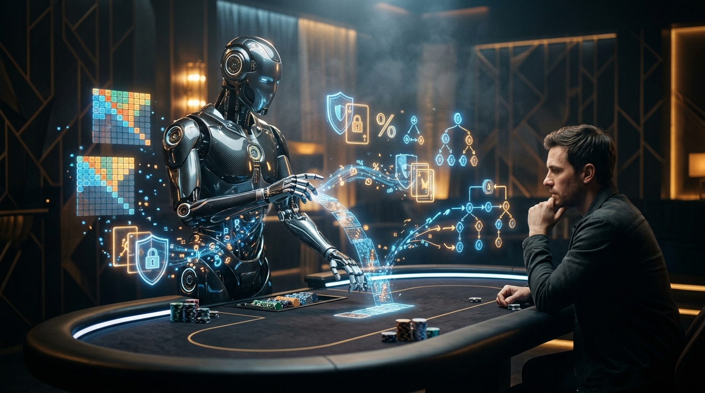 Human poker player studying with a futuristic AI coach at a poker table.