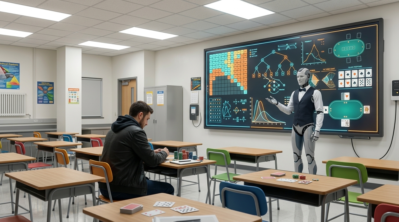 AI poker coach teaching ranges, probabilities and strategy in a futuristic classroom setting.