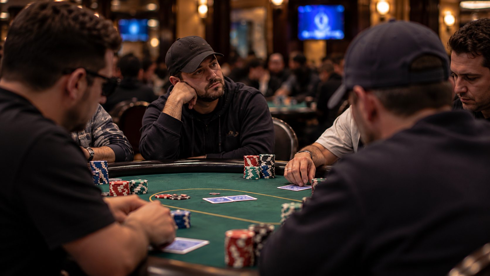 Poker player watching a hand after folding while the other players remain in the action.